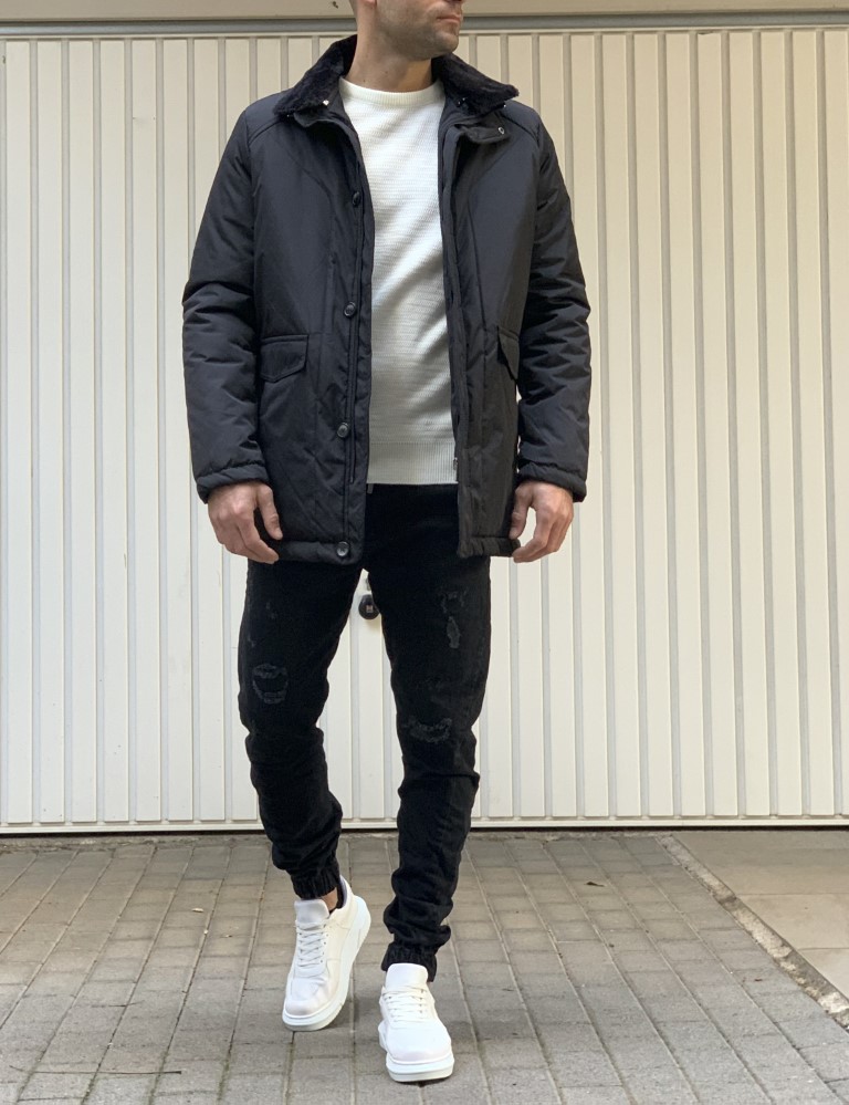 Ανδρικό μαύρο μπουφάν με αποσπώμενο γιακά και κουμπιά 444 φωτογραφία